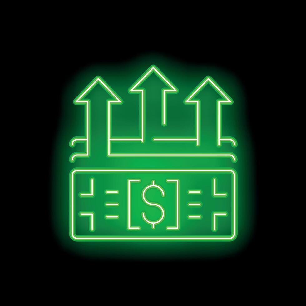 Neon green money increasing value with upward arrows on black background vector
