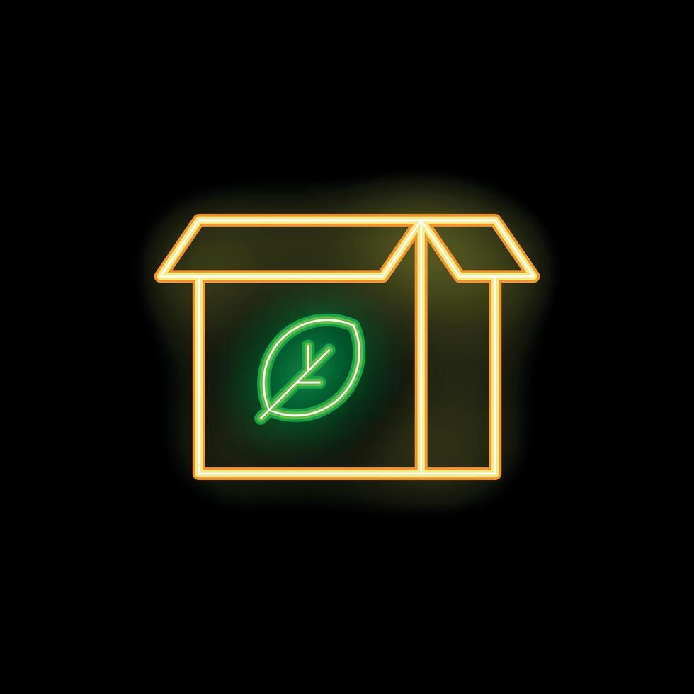 Glowing neon sign of open cardboard box with green leaf symbol on black background vector