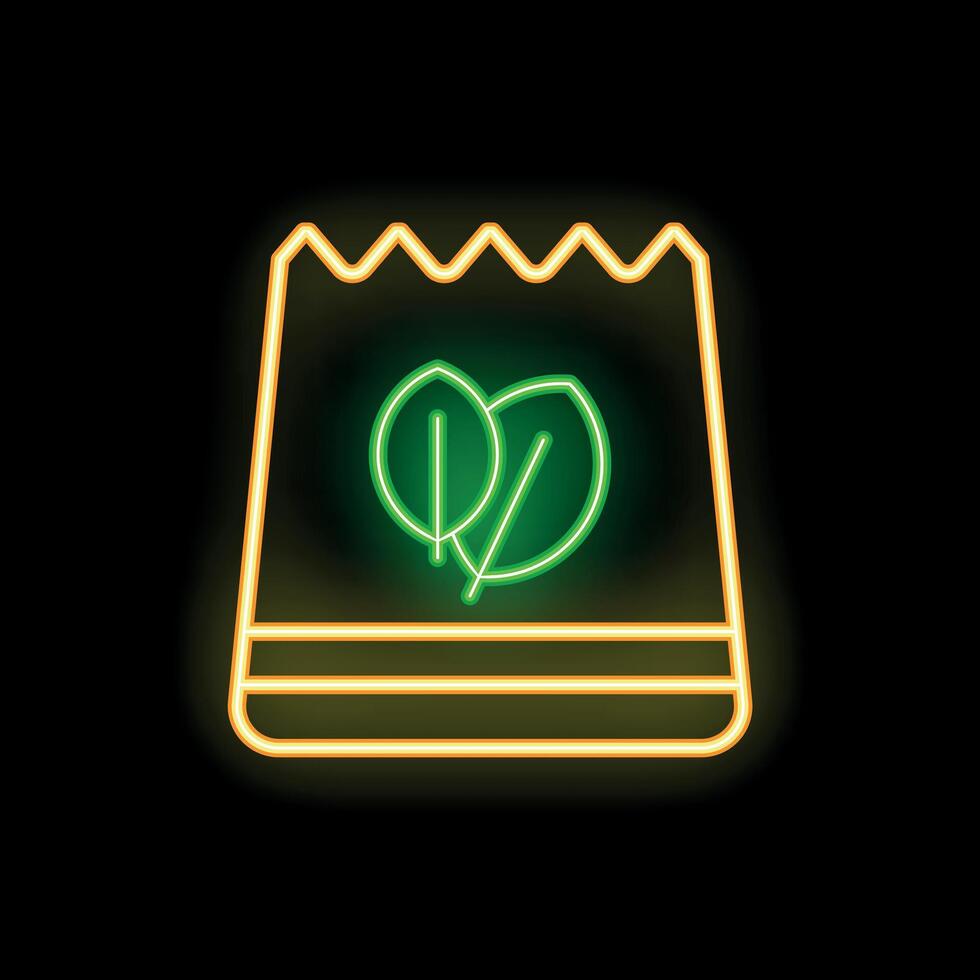 Glowing neon sign of paper bag with green leaves logo vector
