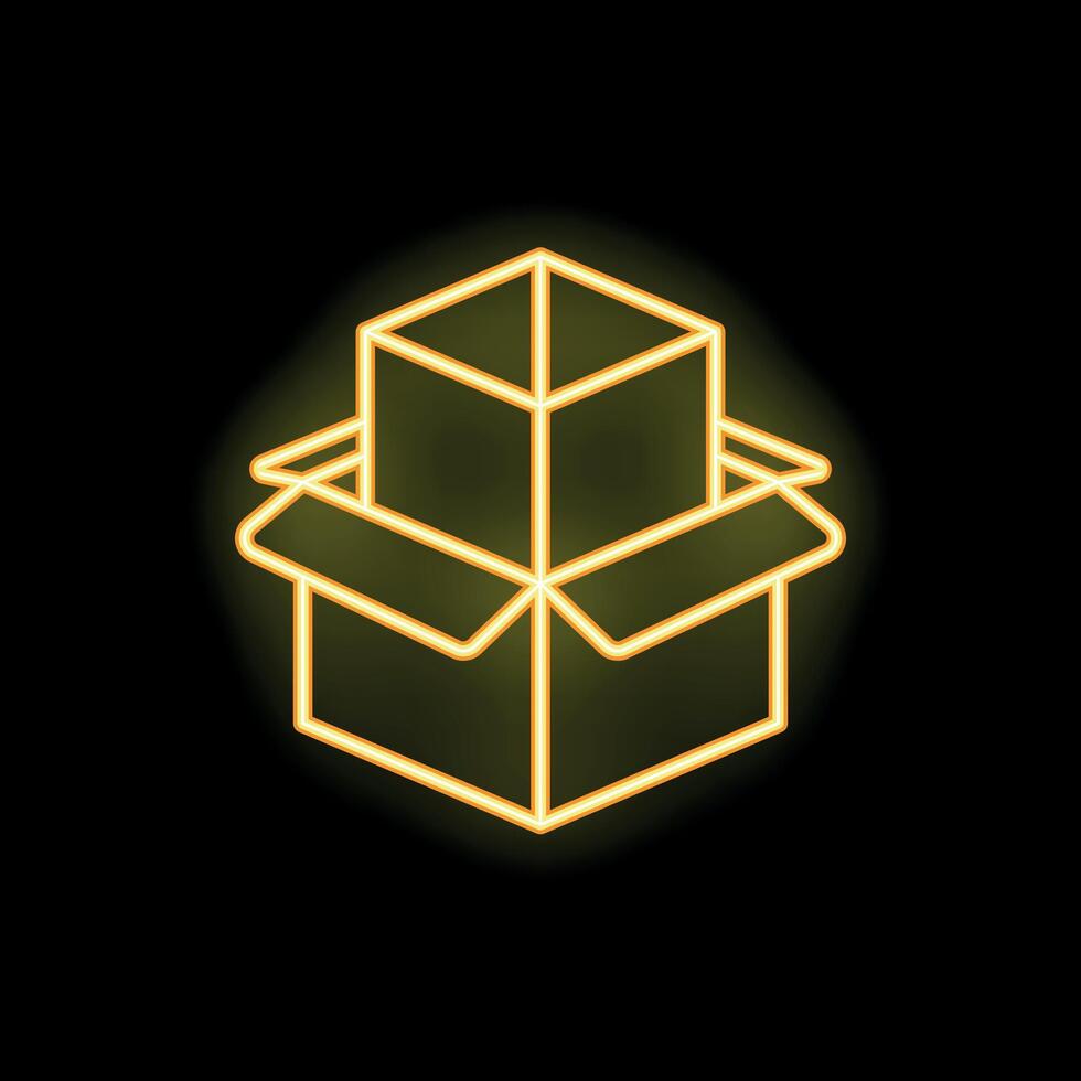 Neon yellow open box glowing on black background vector