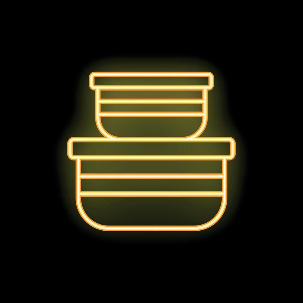Yellow neon sign of two stacked bowls on a black background vector