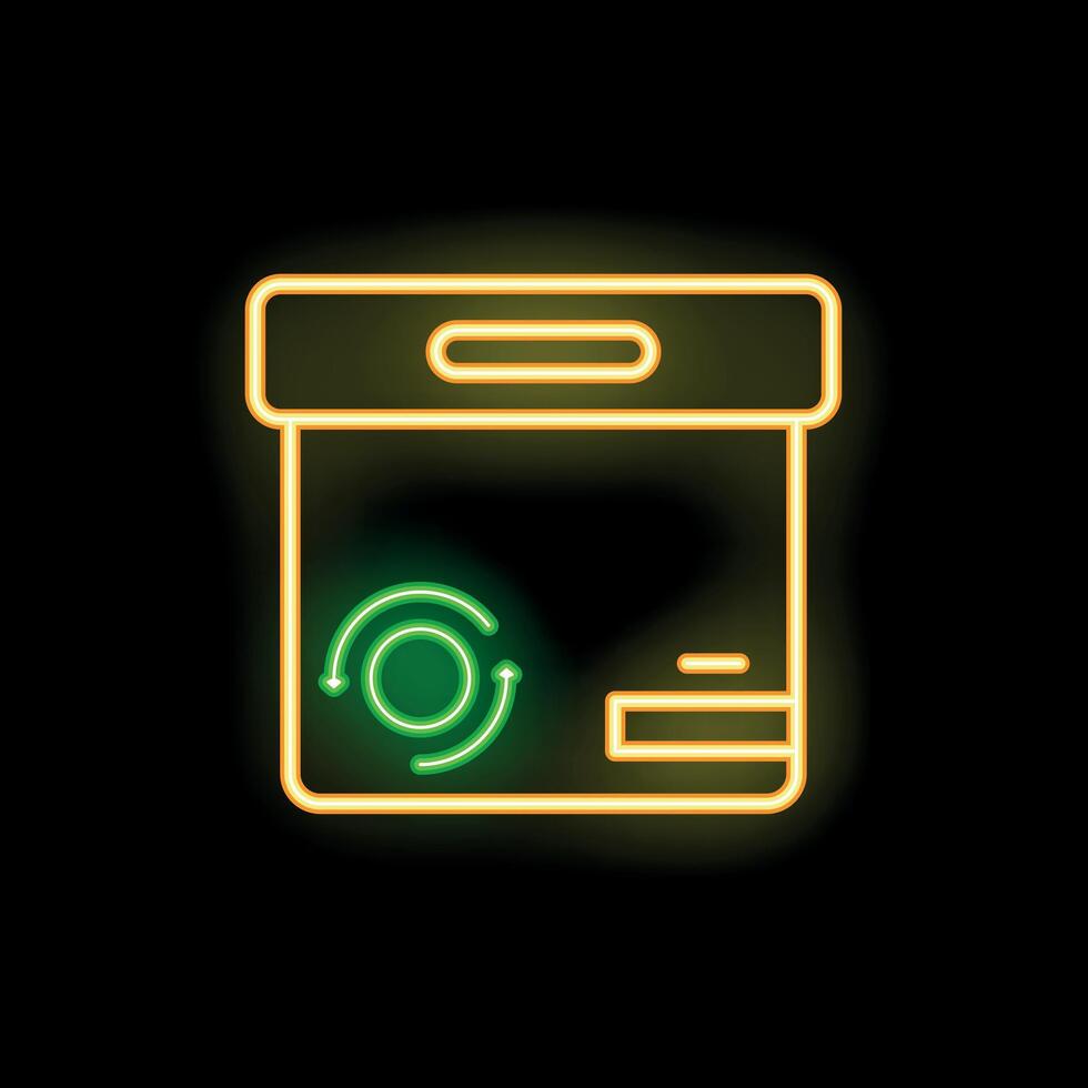 Neon sign of a cardboard box with recycling symbol for eco friendly shipping vector