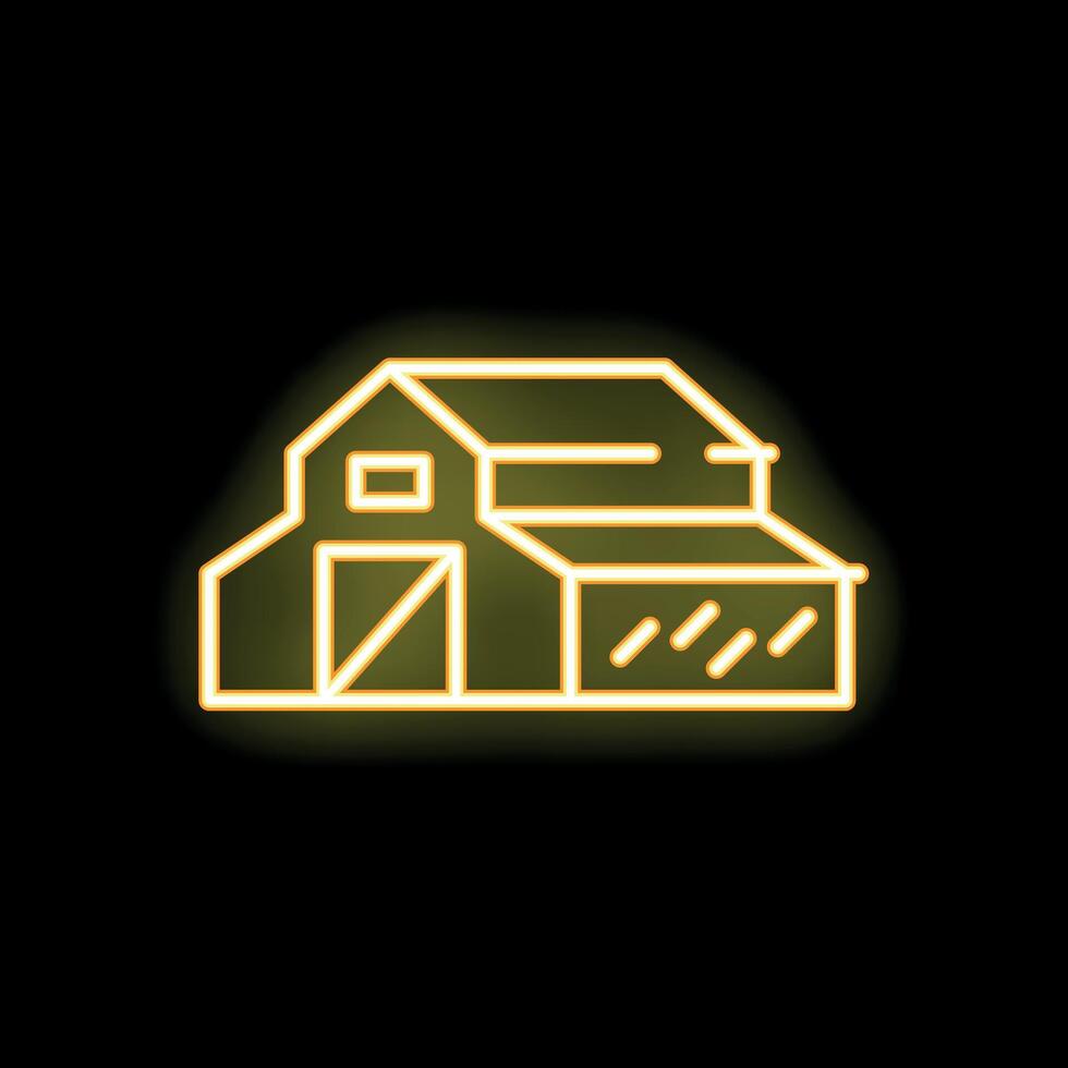 Yellow neon sign representing a farm building, glowing on a black background vector