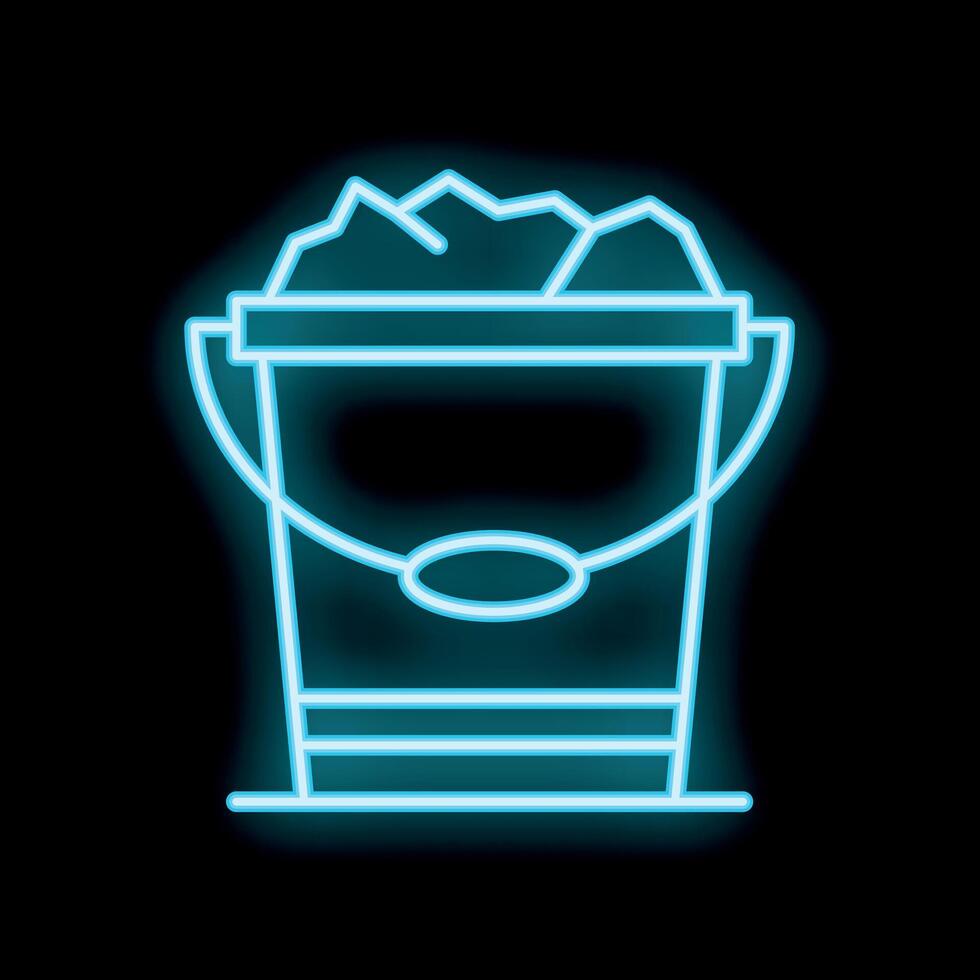 Blue neon icon of metal bucket filled with coal glowing on dark background vector
