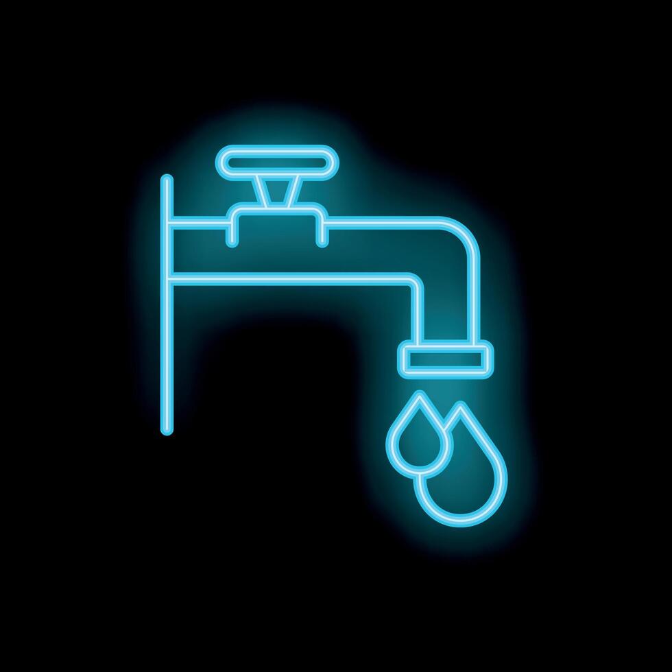 Neon water tap dripping water icon on black background vector
