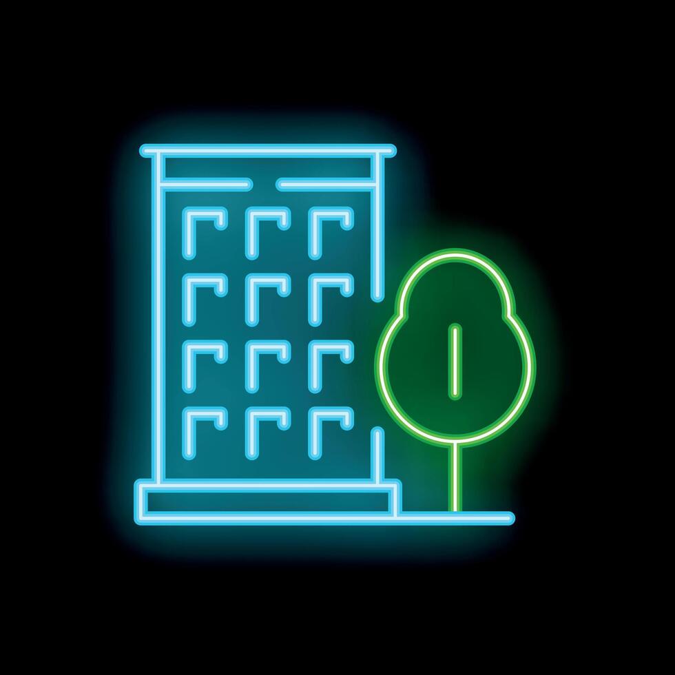 Neon green eco city icon with building and tree glowing vector