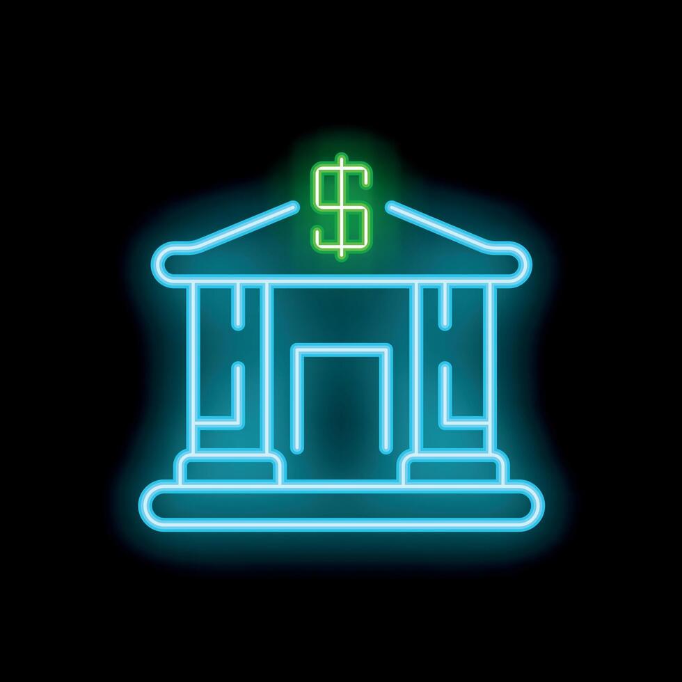 Glowing neon bank building facade with dollar sign on black background vector