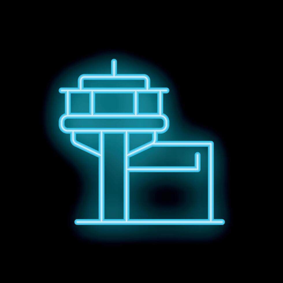Neon icon of airport control tower with antenna glowing on dark background vector