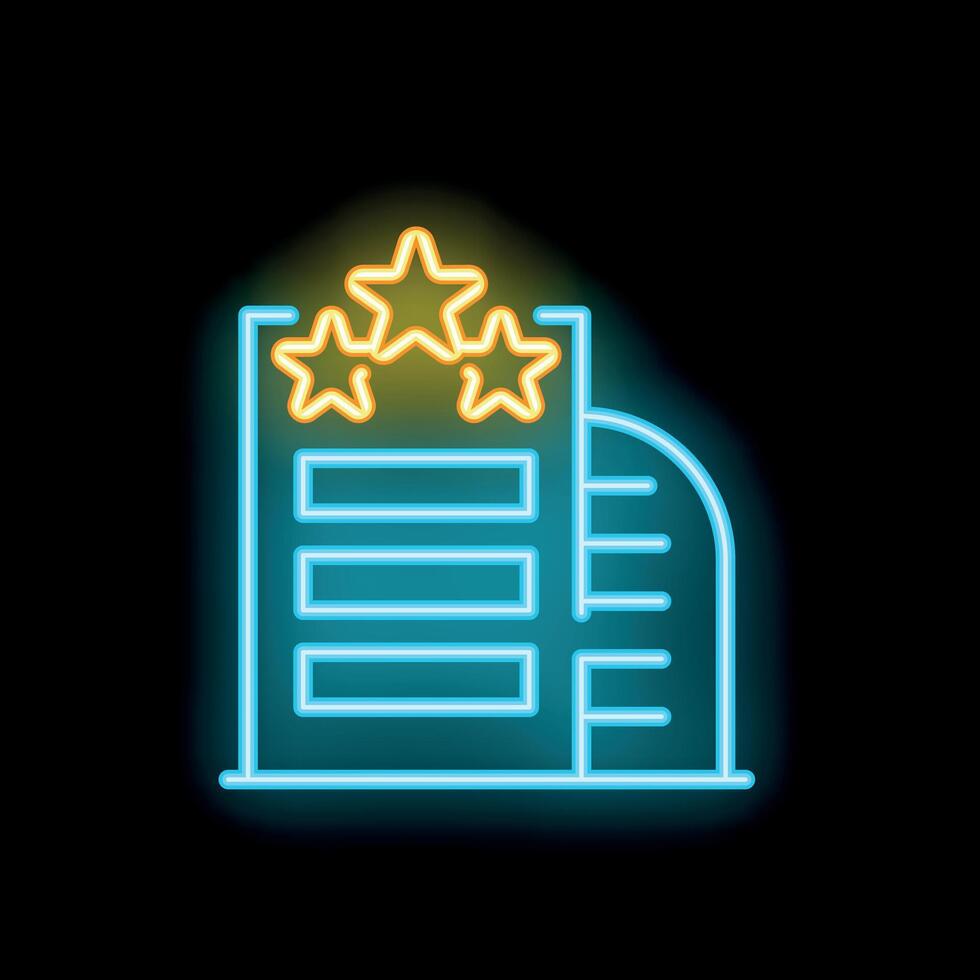 Neon icon of a three stars hotel building shining on black background vector