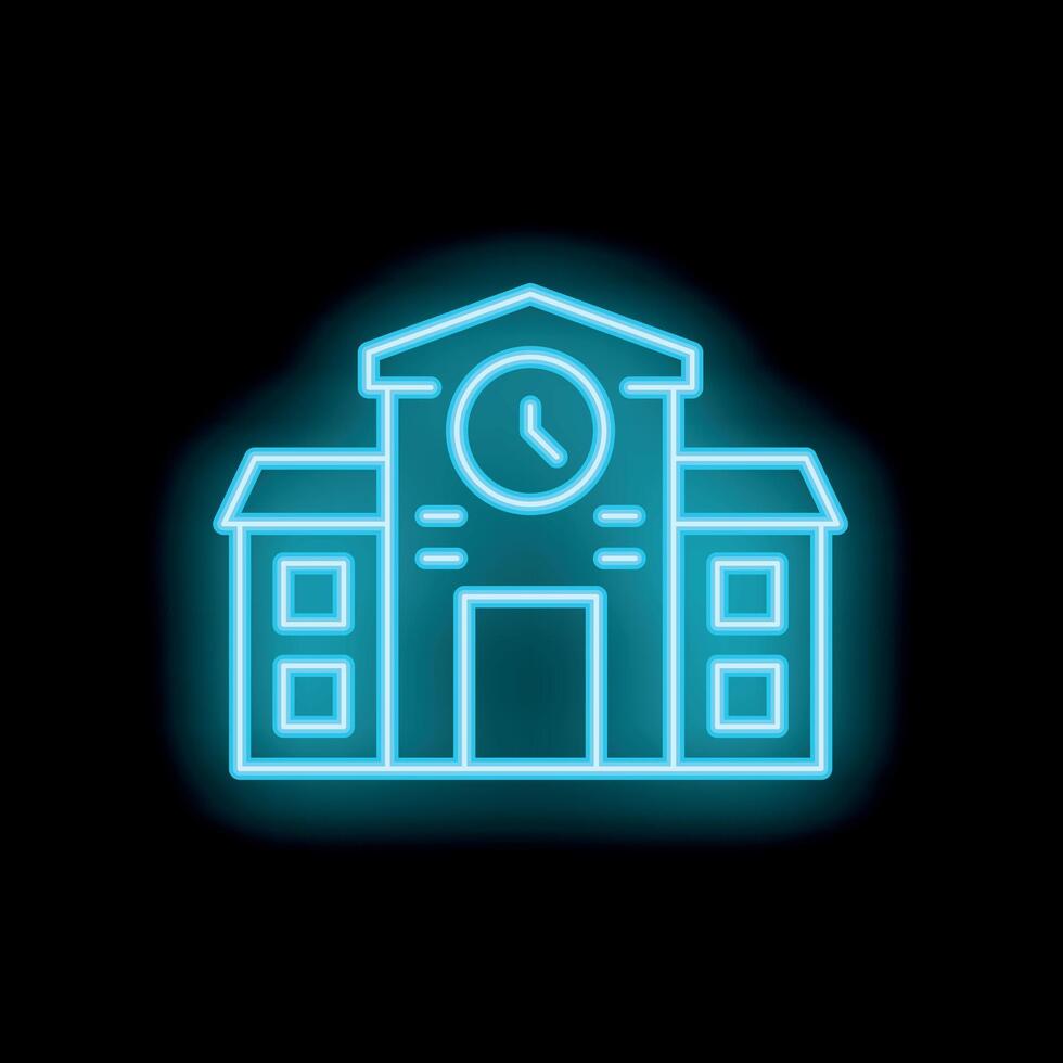 Neon icon of a school building with a clock tower displaying time vector