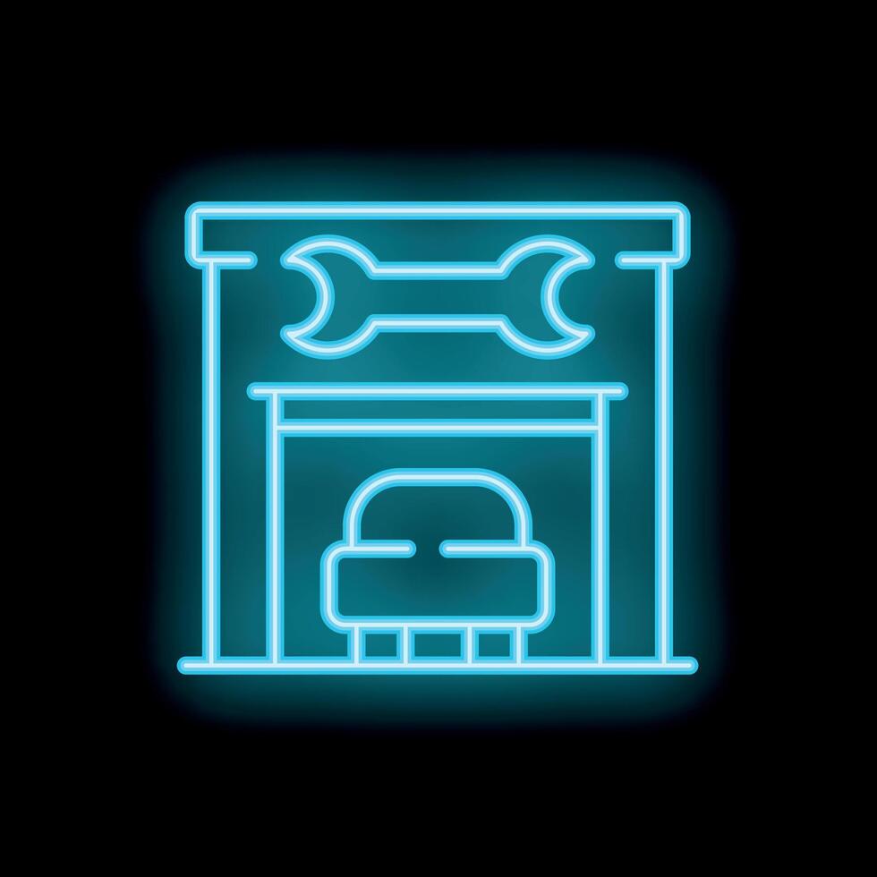 Glowing neon sign of a car repair garage with a car on a lift and wrenches representing mechanics vector