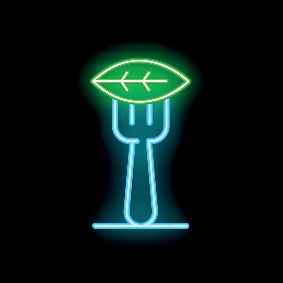 Glowing neon sign showing the concept of healthy eating with a fork holding a leaf vector