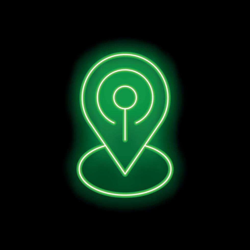 Neon green glowing location pin icon on black background vector