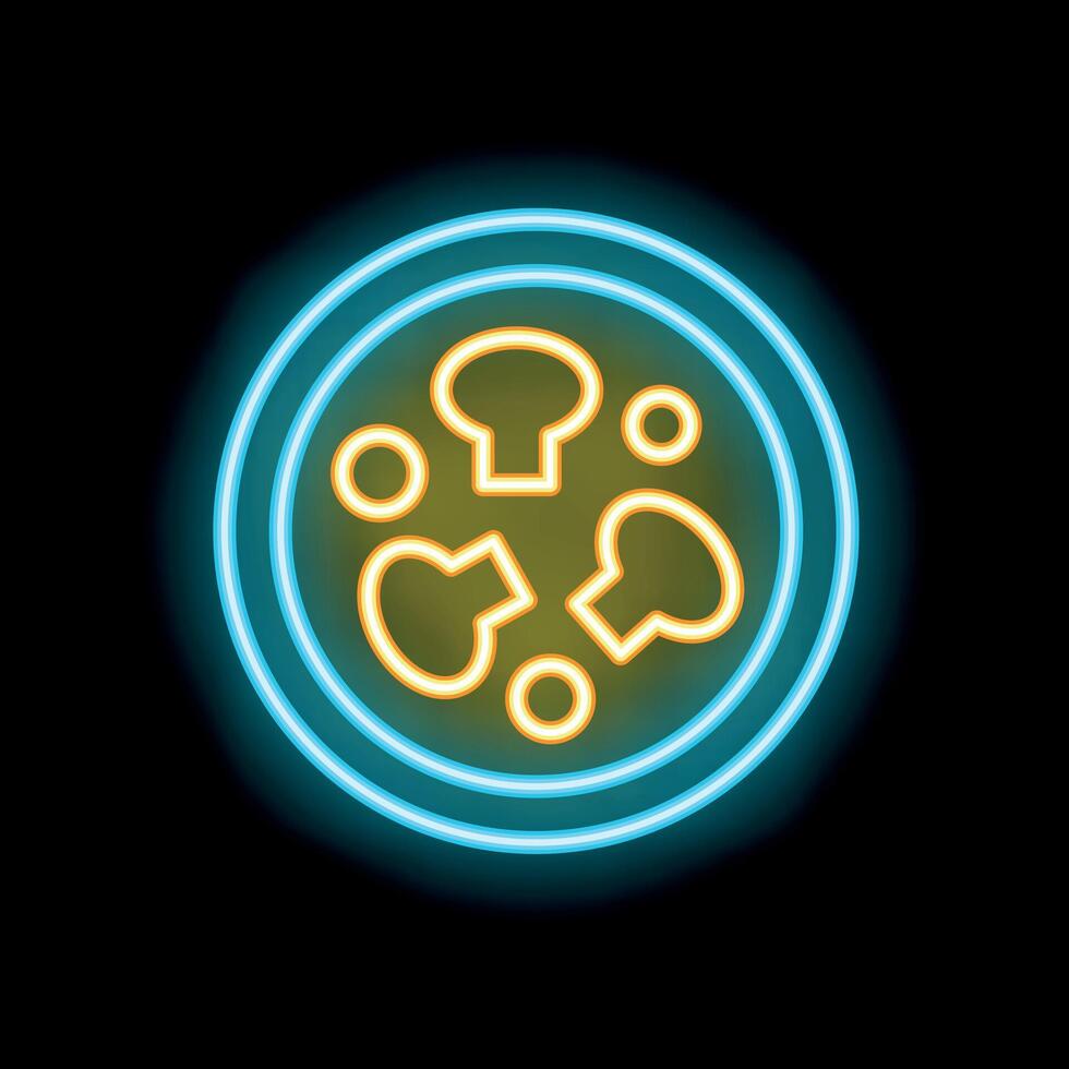 Glowing neon sign depicting pizza with mushrooms in circle on black background vector