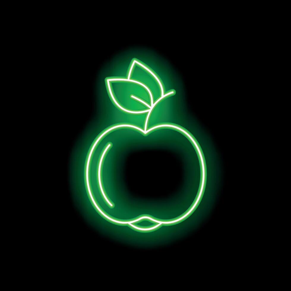 Green neon sign showing an apple with leaves on black background vector