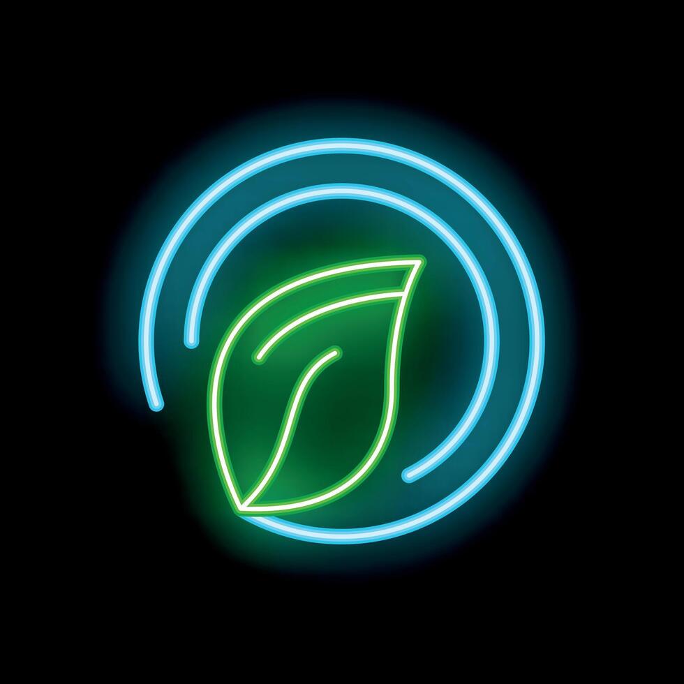 Neon green leaf glowing inside blue circle on black background vector
