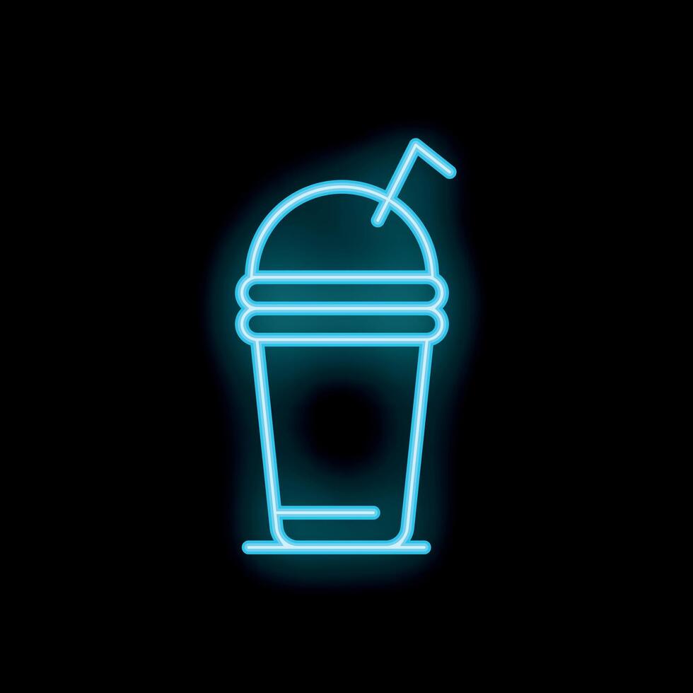 Blue neon sign of drink with whipped cream and straw on black background vector