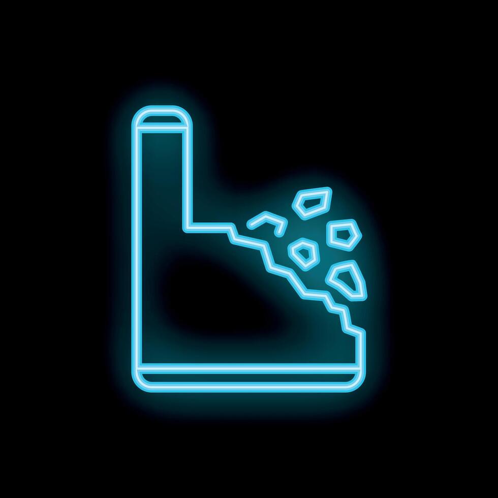 Neon icon of smartphone screen being hit and cracked with debris flying vector