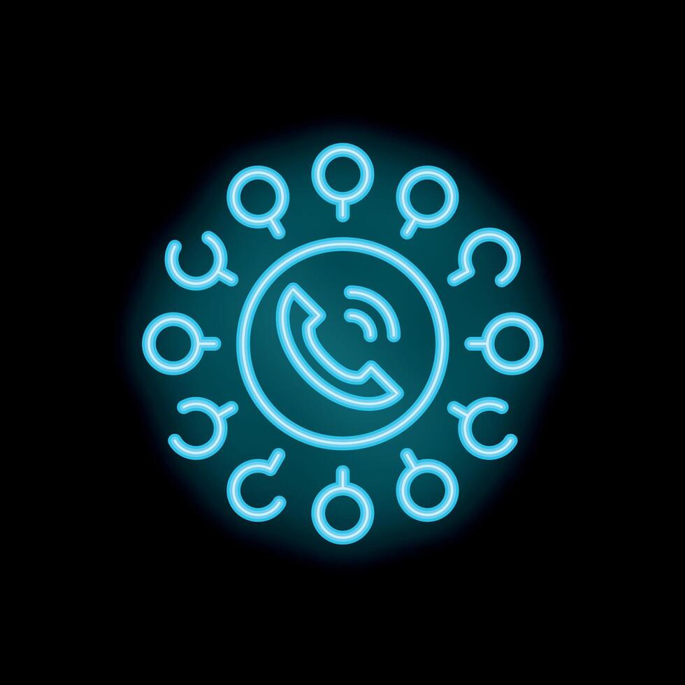 Neon icon representing global communication network with phone and connections vector