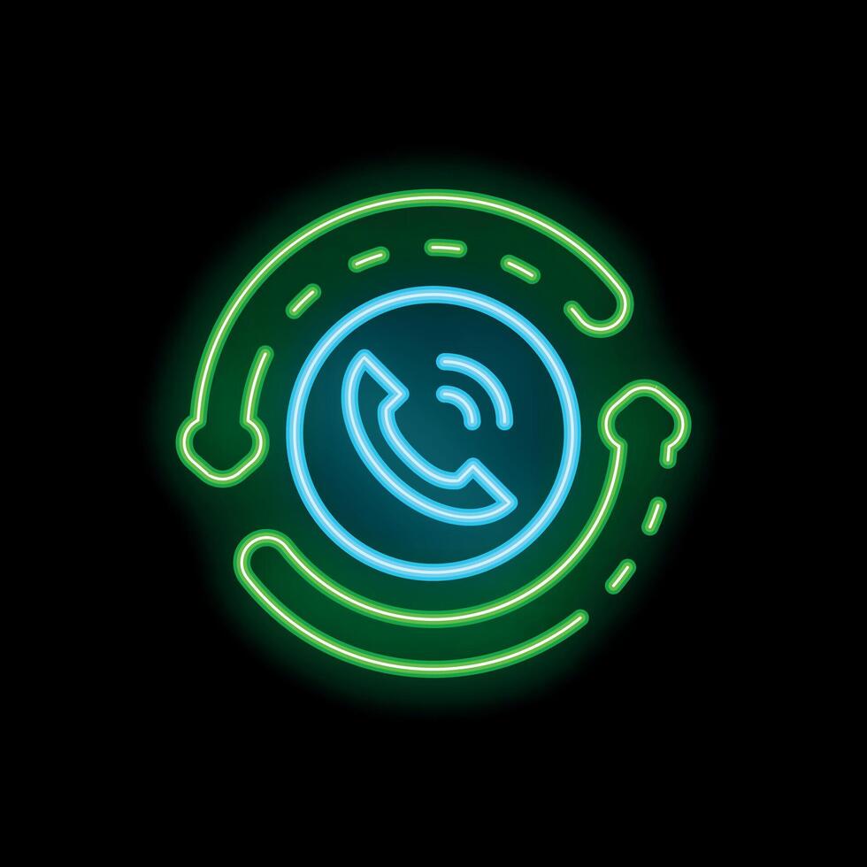 Neon sign of phone icon ringing surrounded by arrows on black background vector