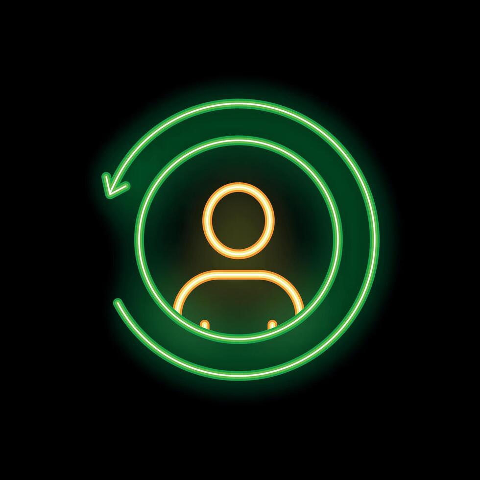 Neon icon of person surrounded by circular arrow representing returning customer vector