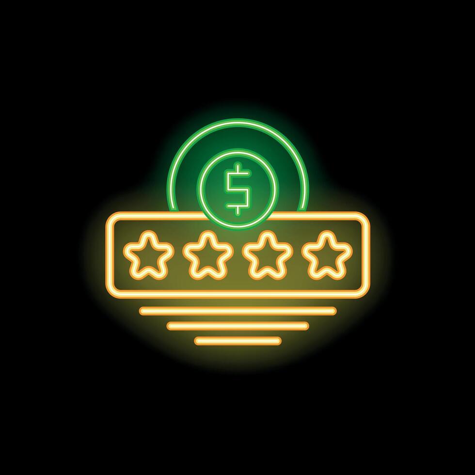 Neon sign showing five star rating with dollar coin vector