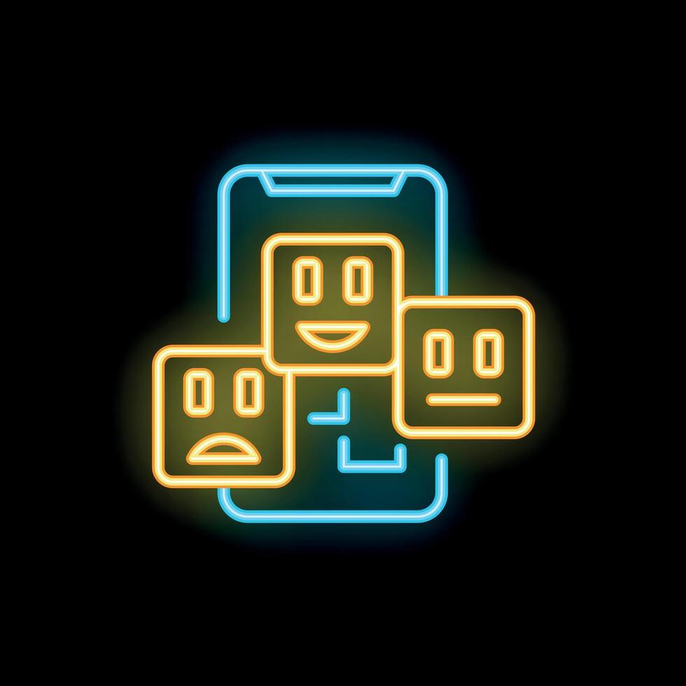 Neon smartphone showing customer feedback with emojis vector