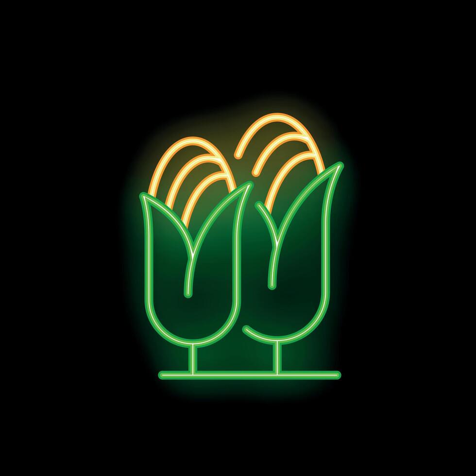 Neon sign representing two corn cobs glowing on wall vector