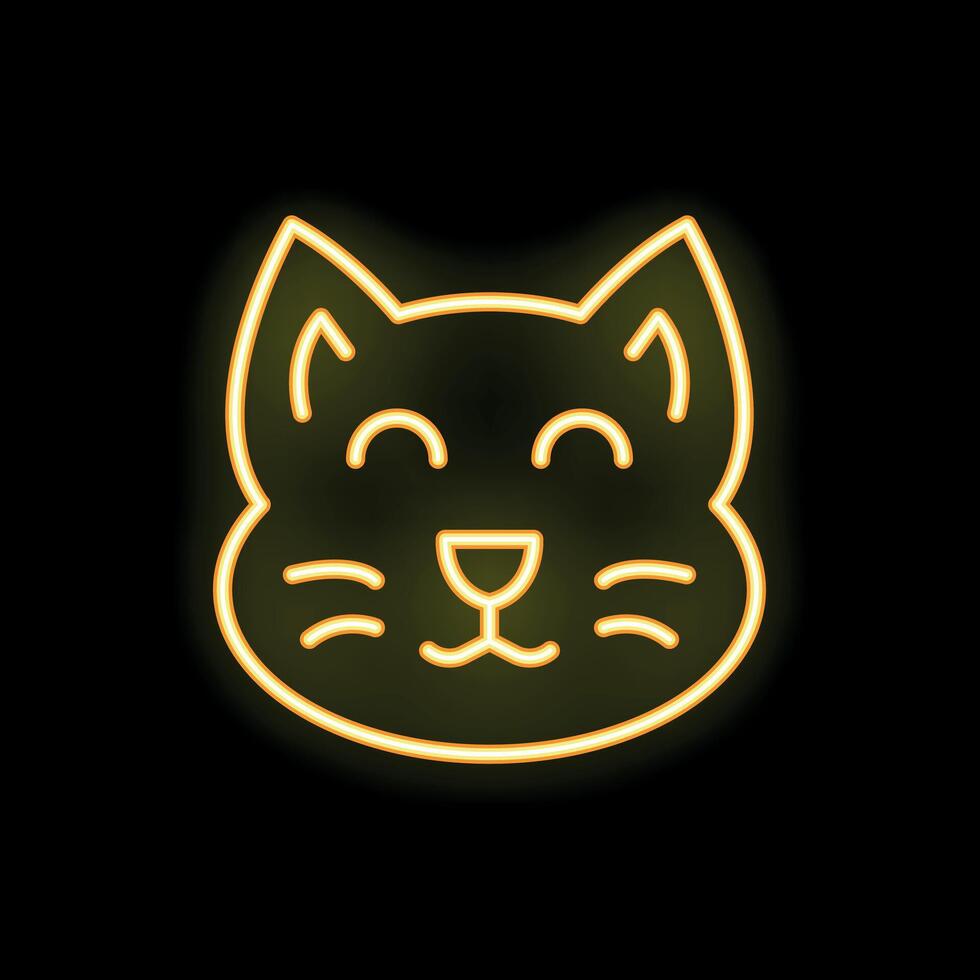 Yellow neon cat face icon glowing on black background vector