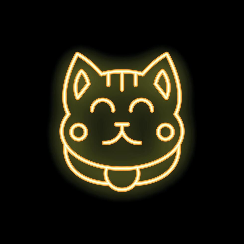 Neon icon of happy cat face with collar on black background vector