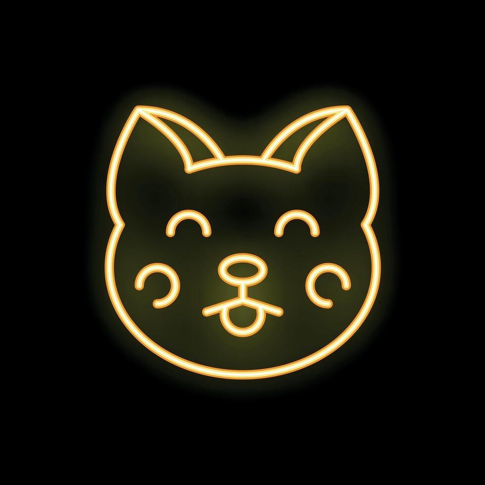 Yellow neon cat face showing tongue and eyes closed on black background vector