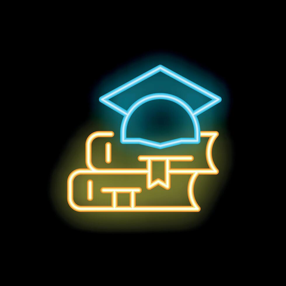 Neon icon of graduation hat resting on stack of books symbolizing education vector