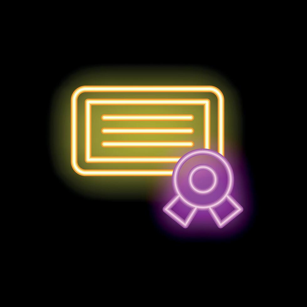 Neon icon of certificate with seal representing achievement and success vector