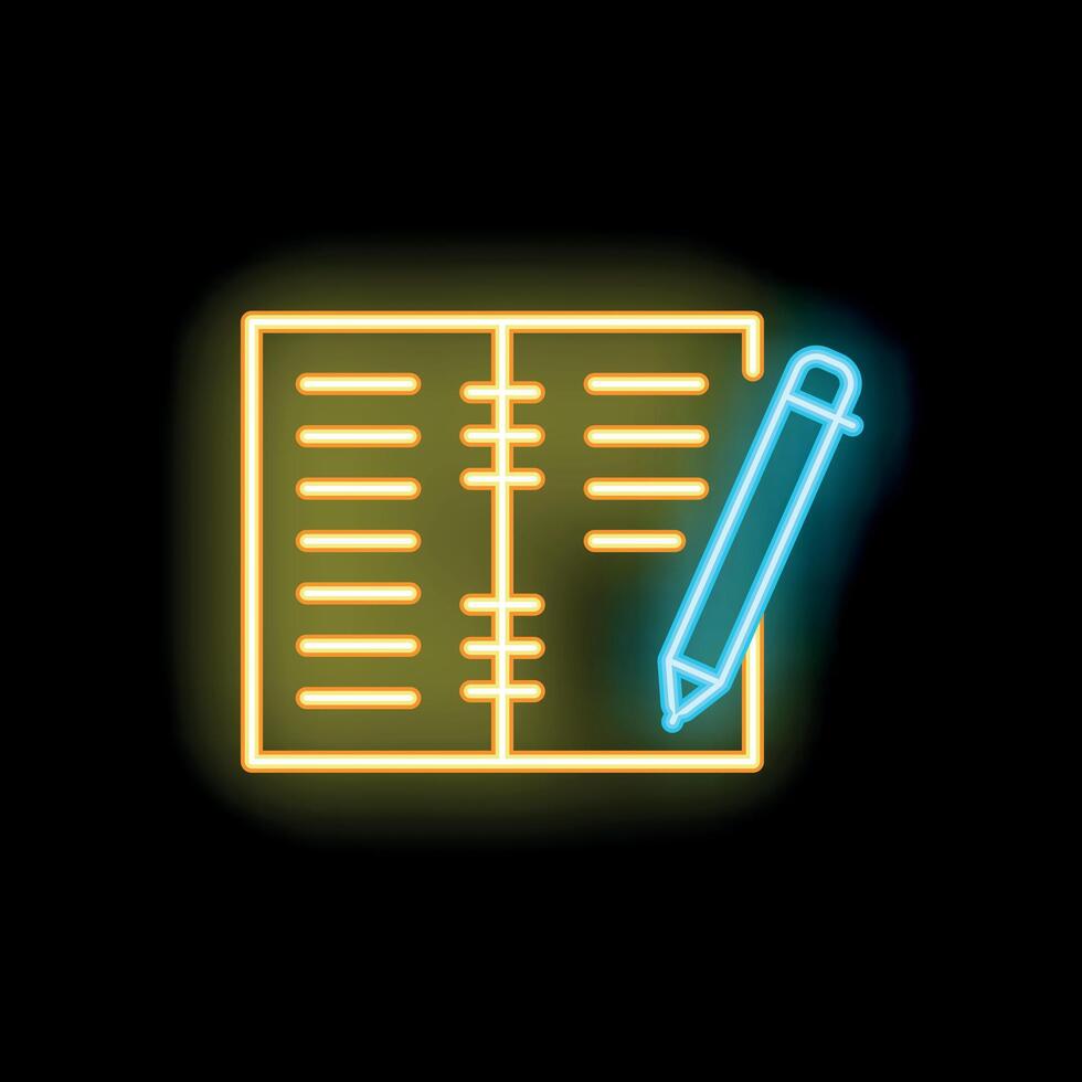 Neon notebook and pen icon glowing on black background vector