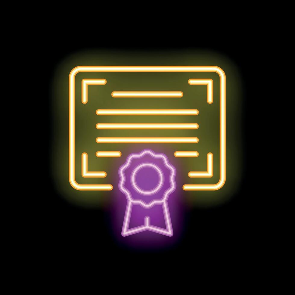 Neon sign showing certificate with ribbon award diploma vector