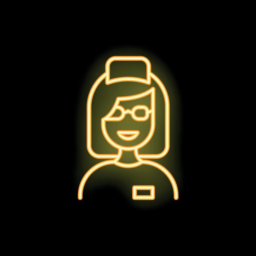 Neon sign showing a smiling nurse wearing glasses on black background vector