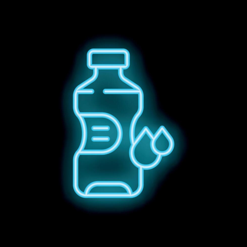 Blue neon sign showing water bottle with drops on black background vector