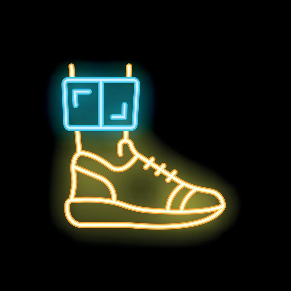 Neon sign showing gps tracker attached to leg with sneaker for tracking and location concept vector