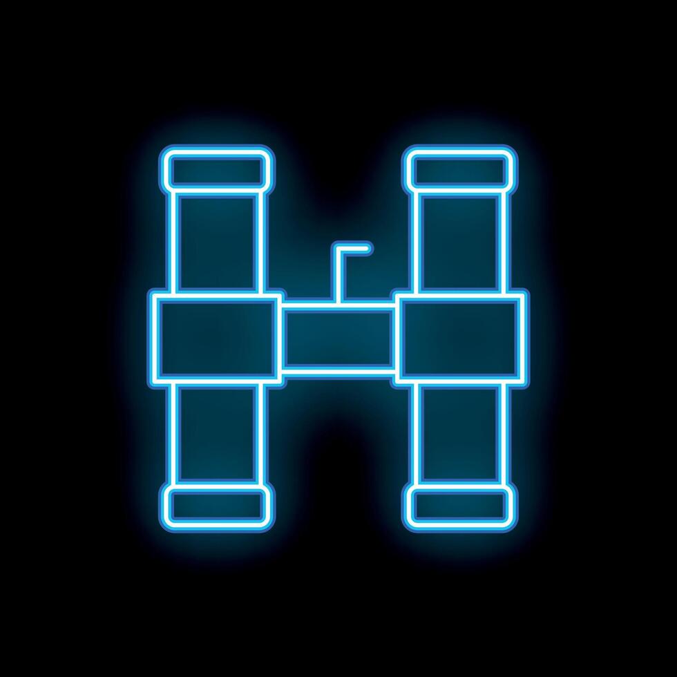 Blue neon binoculars glowing on black background vector