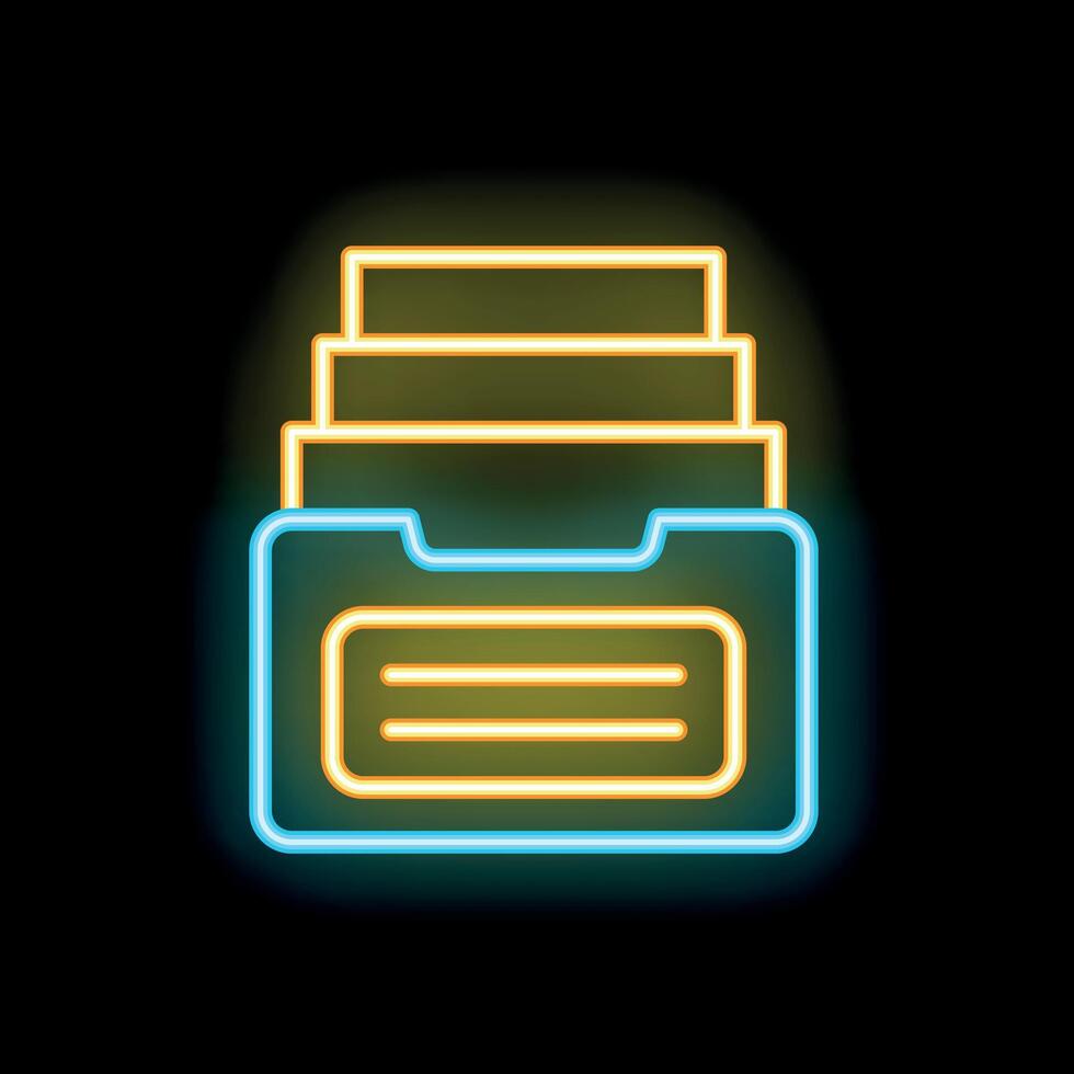 Neon icon of folder filing system glowing on black background vector