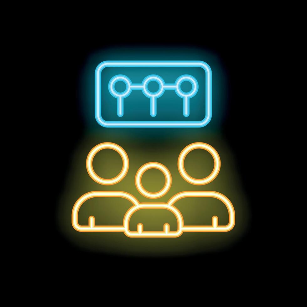 Neon icon of audience analytics, data analysis, and market research vector