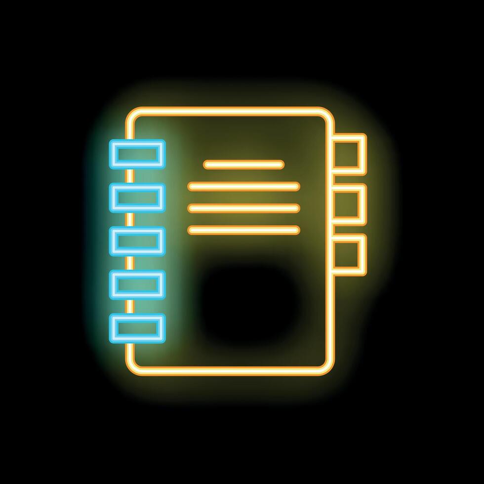 Yellow and blue neon notebook icon on black background vector