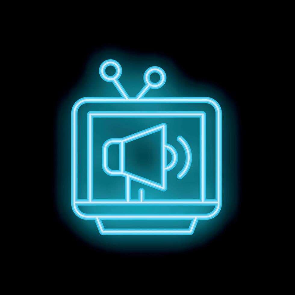 Neon icon of television displaying megaphone broadcasting news vector