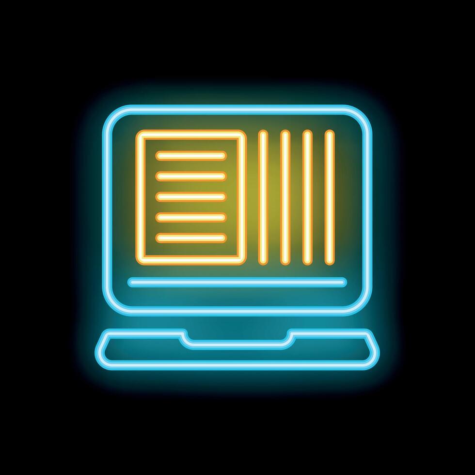 Neon laptop showing spreadsheet with data analysis and text document on black background vector
