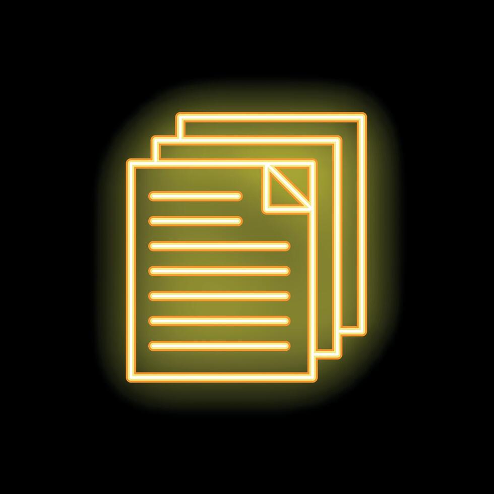 Neon yellow documents icon glowing on black background vector