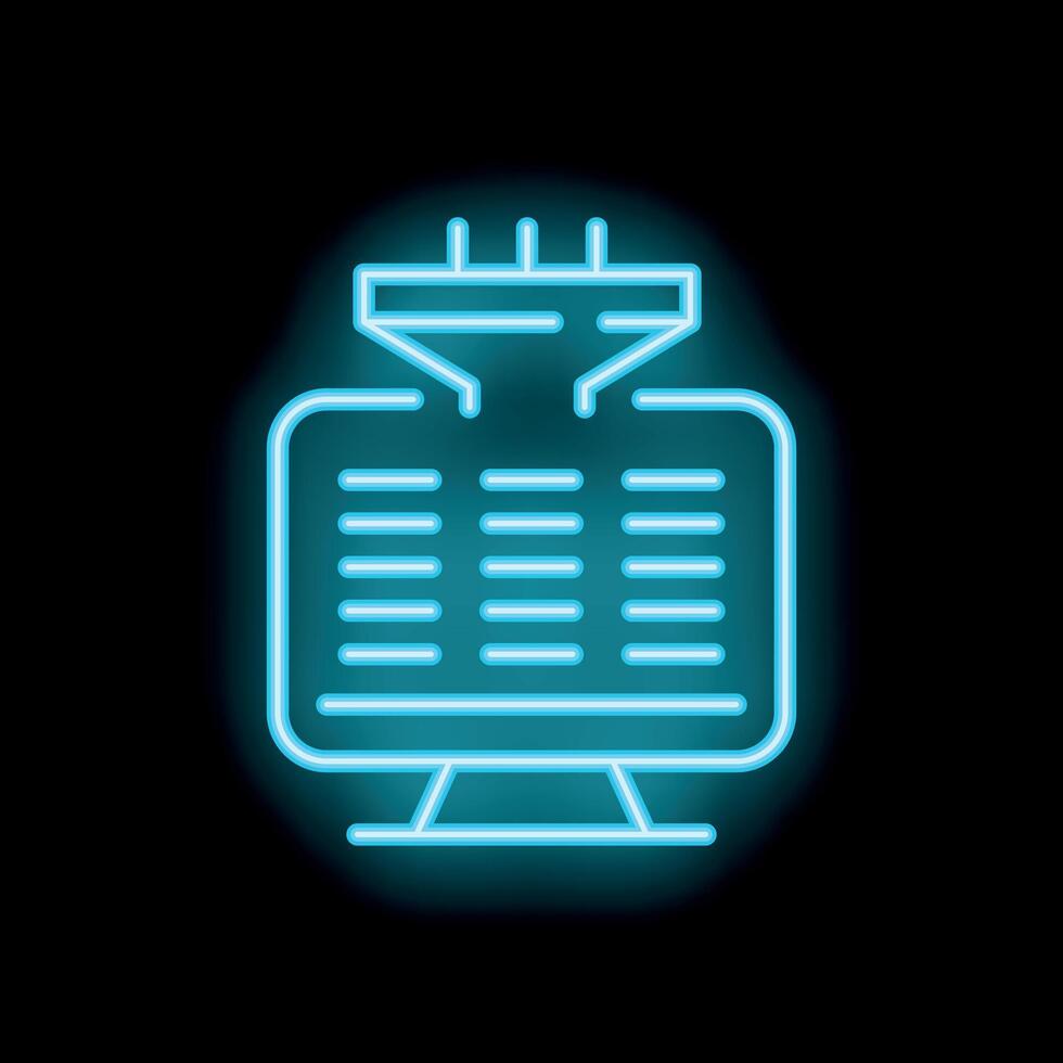 Neon computer monitor with data funnel filtering big data information flow vector