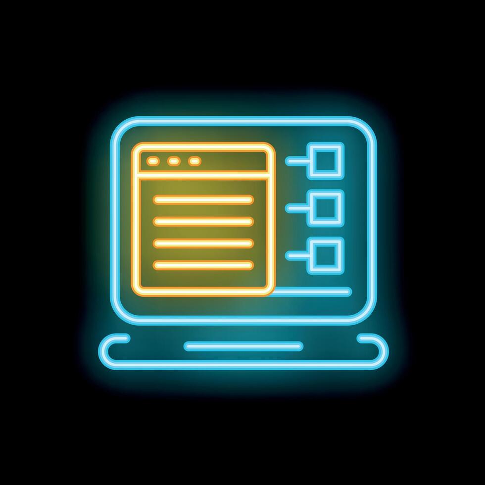 Neon icon of laptop showing website code with script and boxes on black background vector