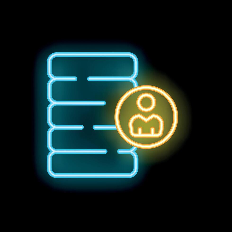Neon icon of server room showing user profile accessing data vector