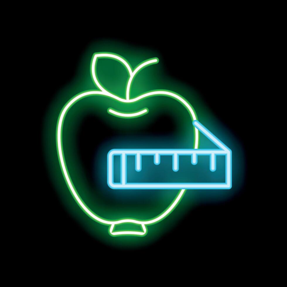 Neon sign of apple being measured with ruler vector