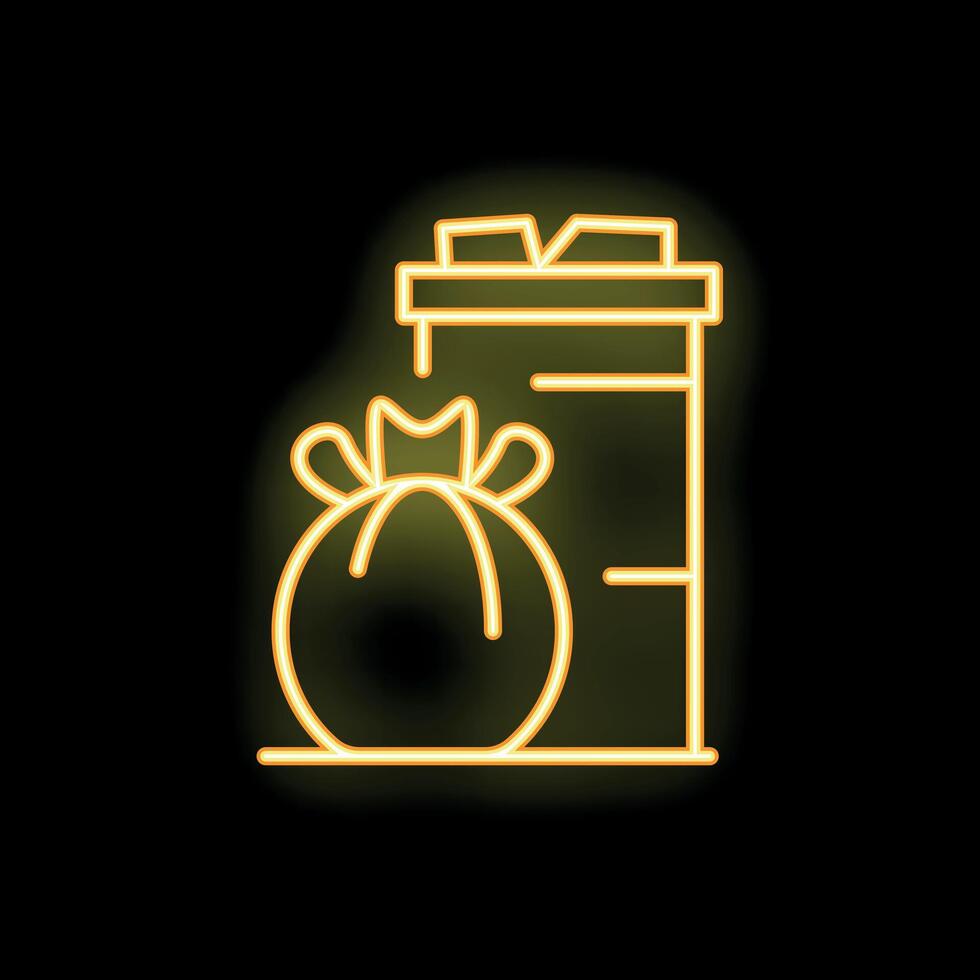 Yellow neon sign of trashcan overflowing with garbage bag on the floor vector